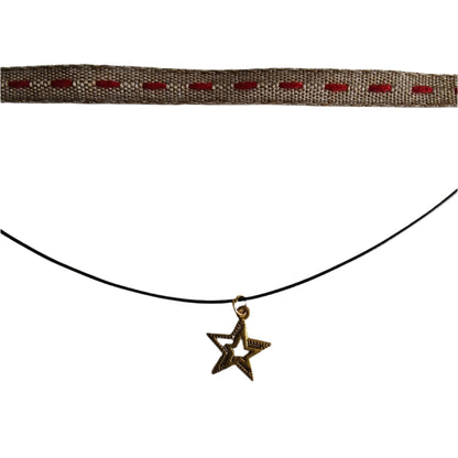 Necklace - Choker brown/red ribbon with one polyester strand and one gold star charm