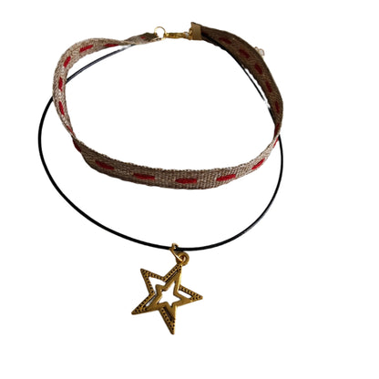 Necklace - Choker brown/red ribbon with one polyester strand and one gold star charm