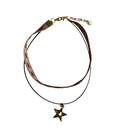 Necklace - Choker brown/red ribbon with one polyester strand and one gold star charm