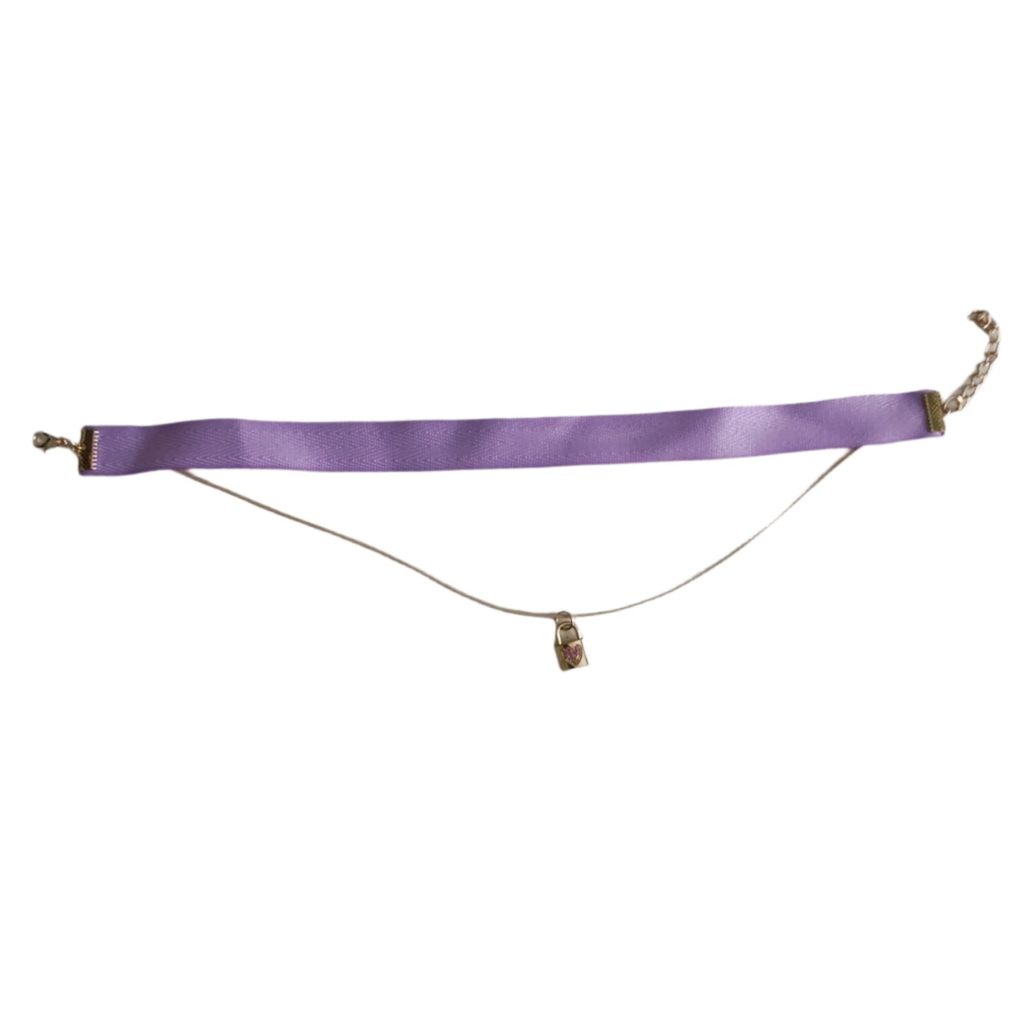 Necklace - Choker purple ribbon with one polyester strand and one gold with rhinestone lock charm