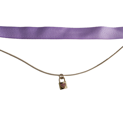 Necklace - Choker purple ribbon with one polyester strand and one gold with rhinestone lock charm