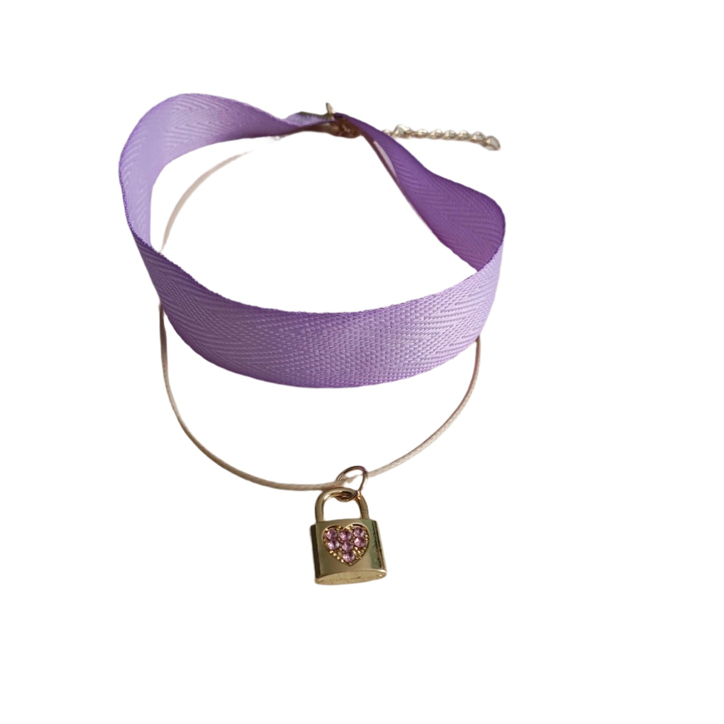 Necklace - Choker purple ribbon with one polyester strand and one gold with rhinestone lock charm