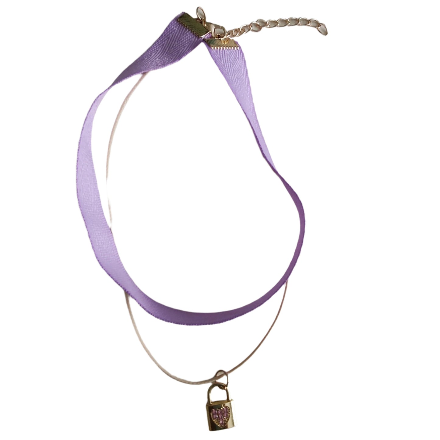 Necklace - Choker purple ribbon with one polyester strand and one gold with rhinestone lock charm