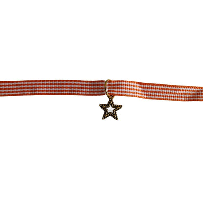 Necklace - Choker orange/white ribbon with gold star charm