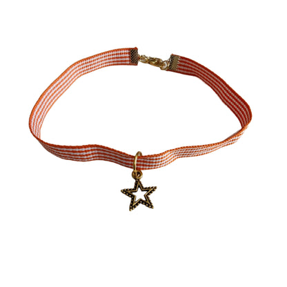 Necklace - Choker orange/white ribbon with gold star charm