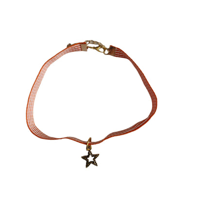 Necklace - Choker orange/white ribbon with gold star charm