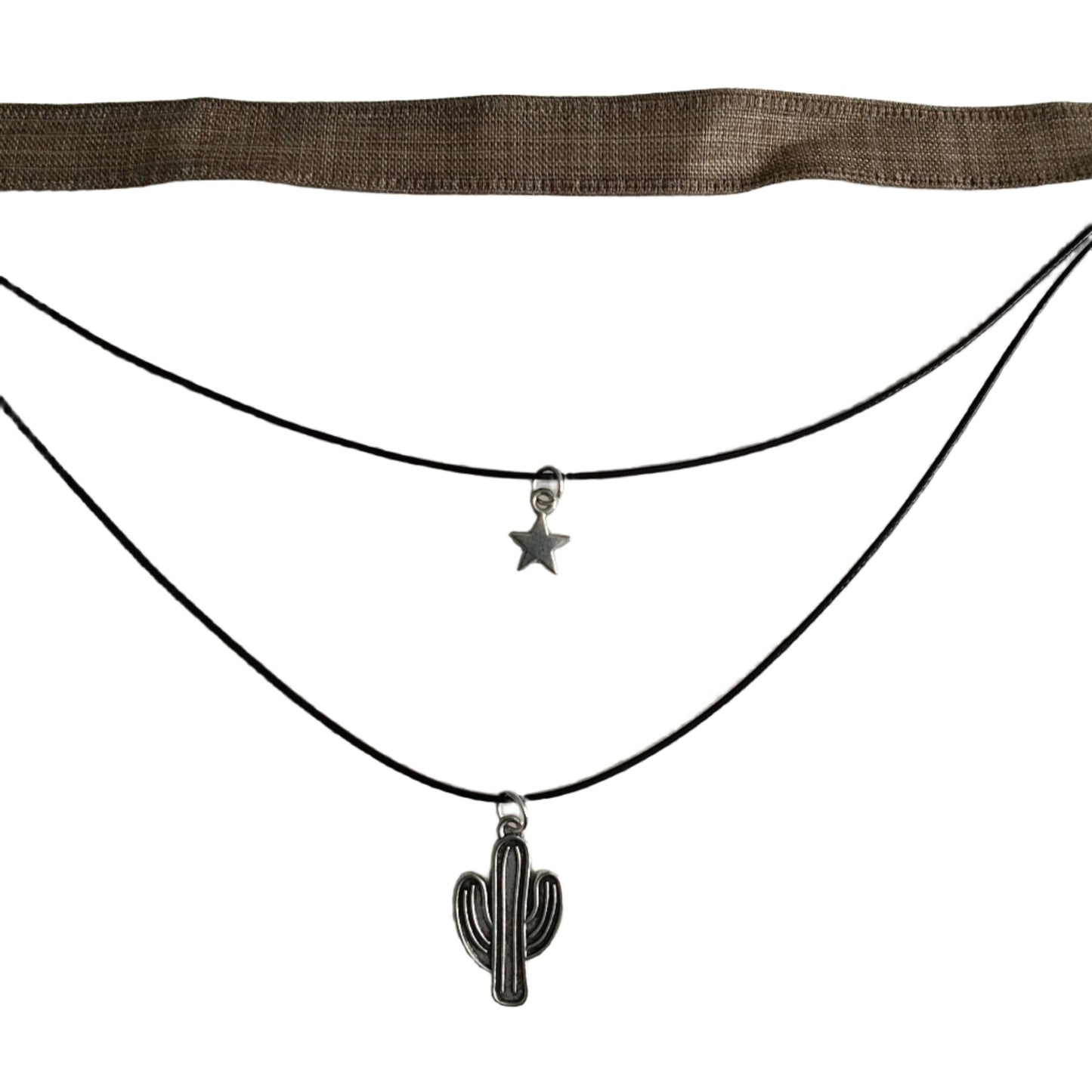 Necklace - Choker brown ribbon with two polyester strands and a silver star and cactus charms