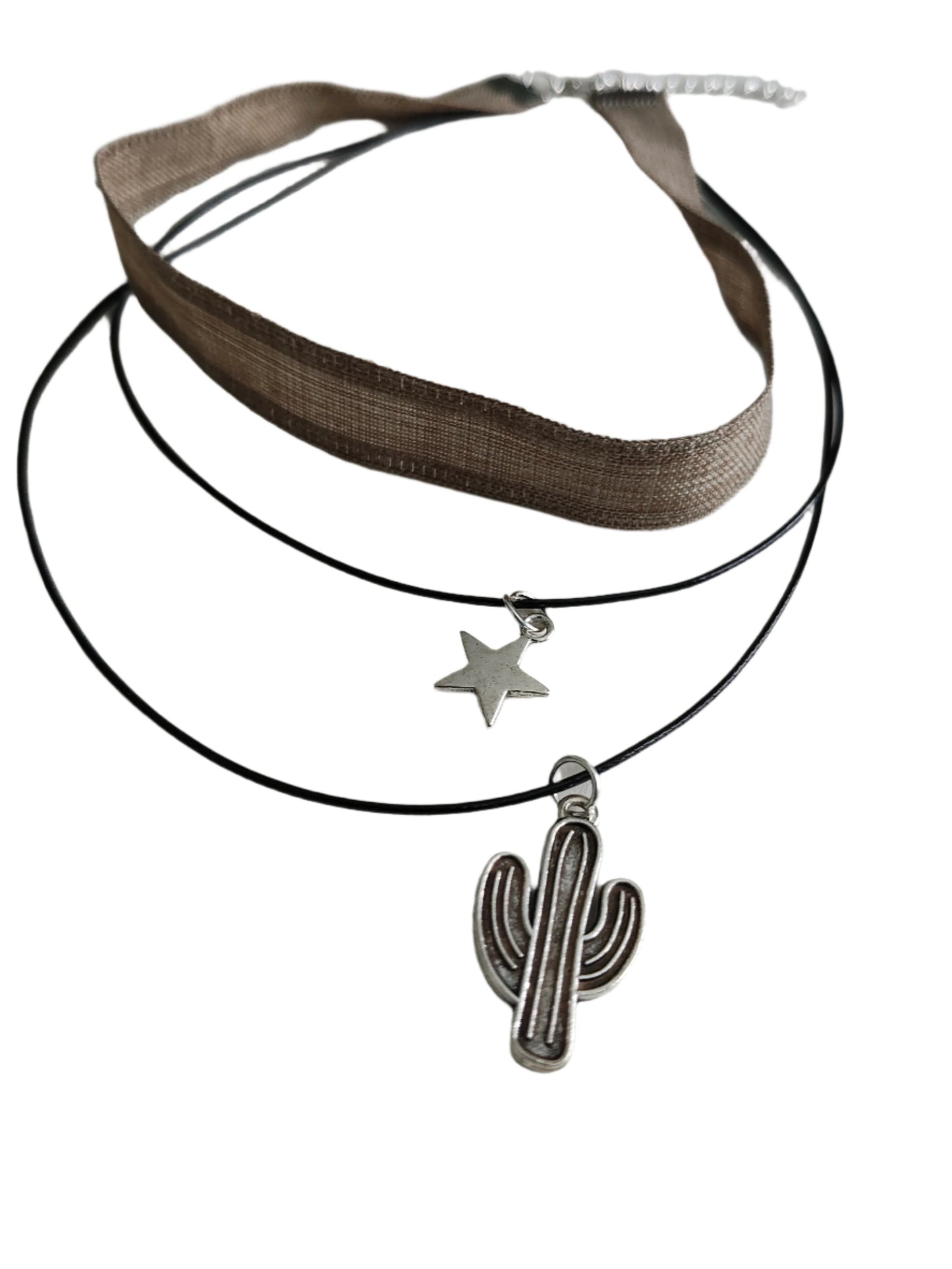 Necklace - Choker brown ribbon with two polyester strands and a silver star and cactus charms