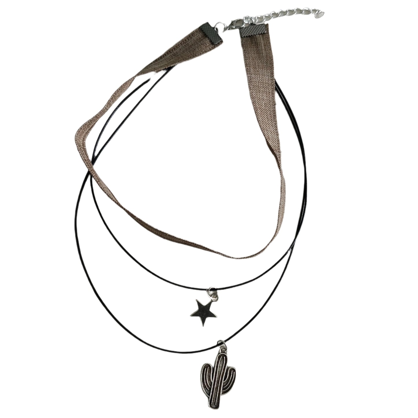 Necklace - Choker brown ribbon with two polyester strands and a silver star and cactus charms