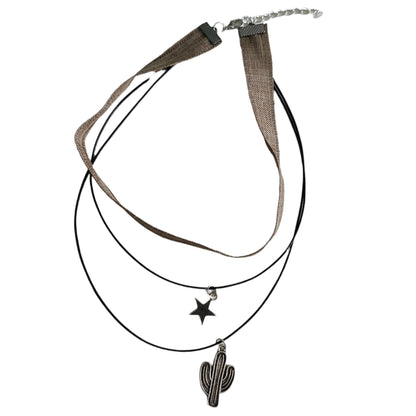 Necklace - Choker brown ribbon with two polyester strands and a silver star and cactus charms