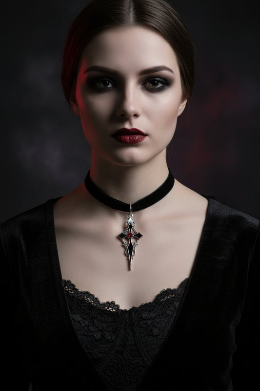 Woman wearing a black choker with a decorative pendant against a dark background