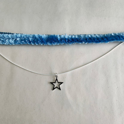 Necklace - Choker blue lace ribbon with one polyester strand and a silver star charm