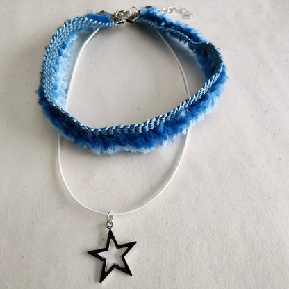 Necklace - Choker blue lace ribbon with one polyester strand and a silver star charm