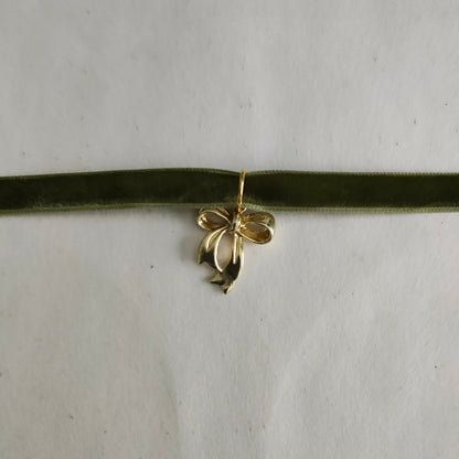 Necklace - Choker olive green velvet ribbon with  a gold bow charm