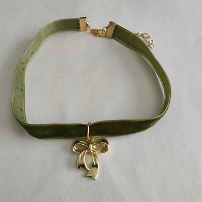 Necklace - Choker olive green velvet ribbon with  a gold bow charm