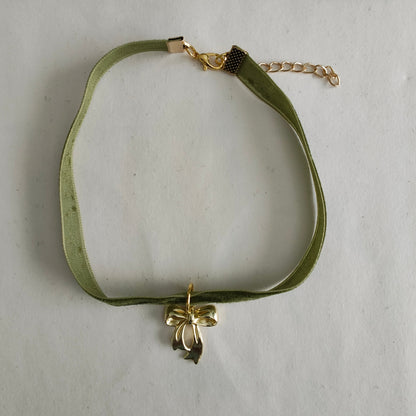 Necklace - Choker olive green velvet ribbon with  a gold bow charm