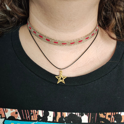 Necklace - Choker brown/red ribbon with one polyester strand and one gold star charm