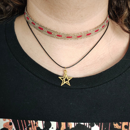 Necklace - Choker brown/red ribbon with one polyester strand and one gold star charm