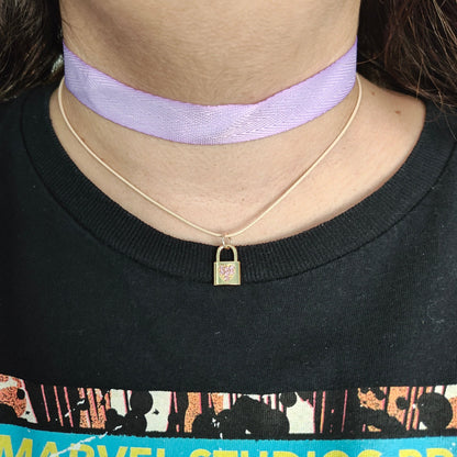 Necklace - Choker purple ribbon with one polyester strand and one gold with rhinestone lock charm