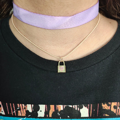 Necklace - Choker purple ribbon with one polyester strand and one gold with rhinestone lock charm