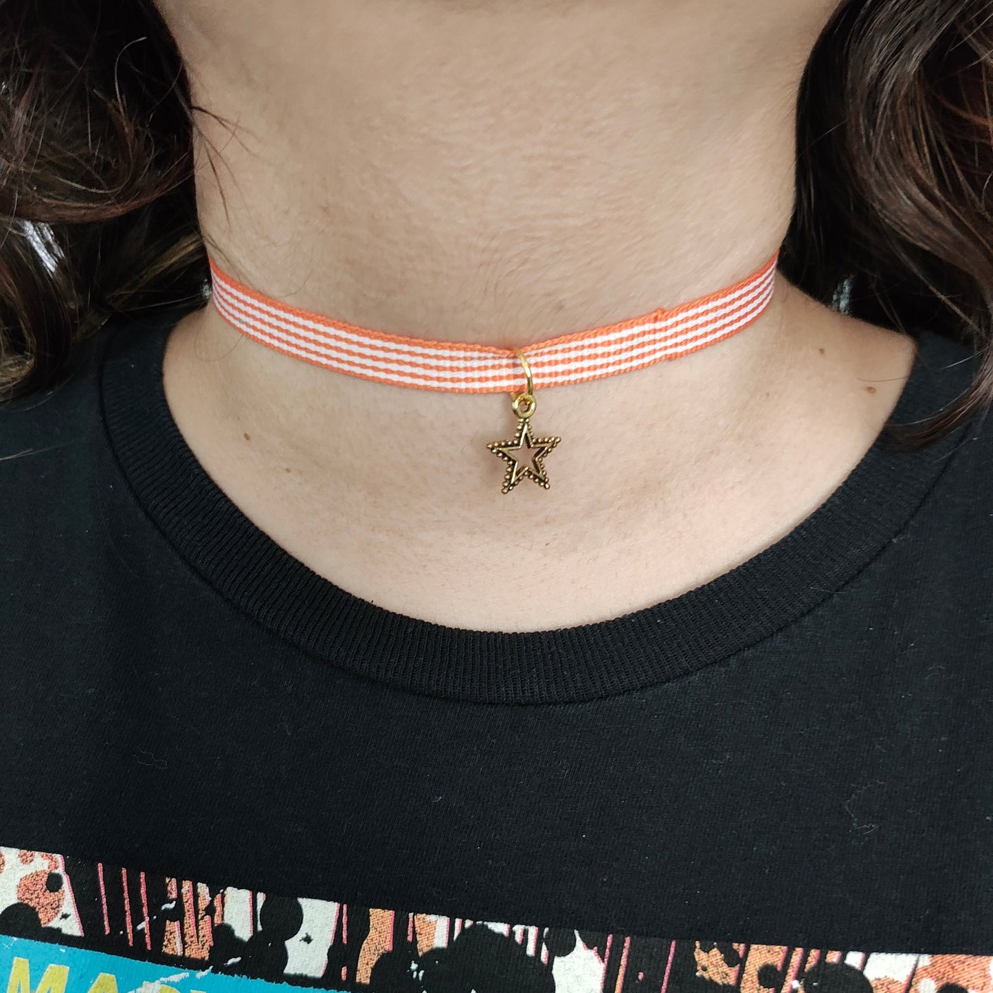 Necklace - Choker orange/white ribbon with gold star charm