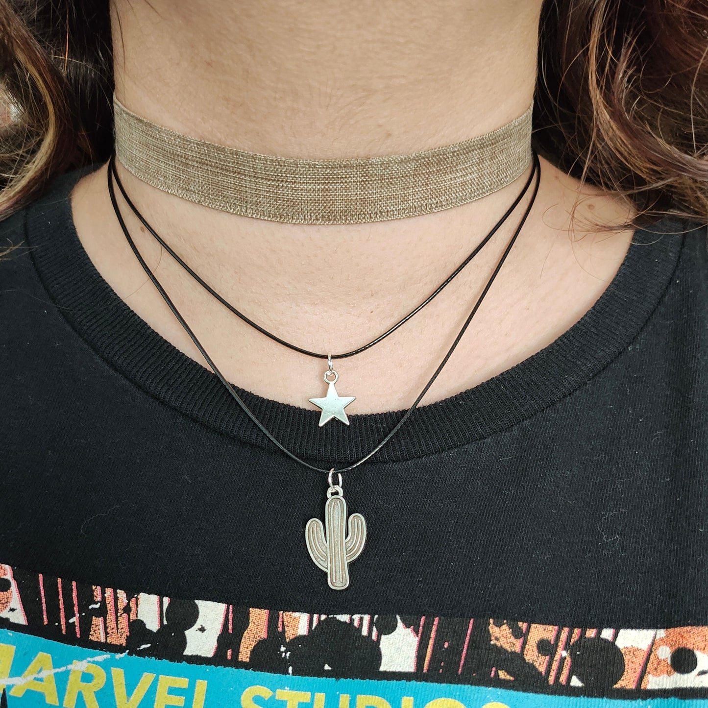 Necklace - Choker brown ribbon with two polyester strands and a silver star and cactus charms