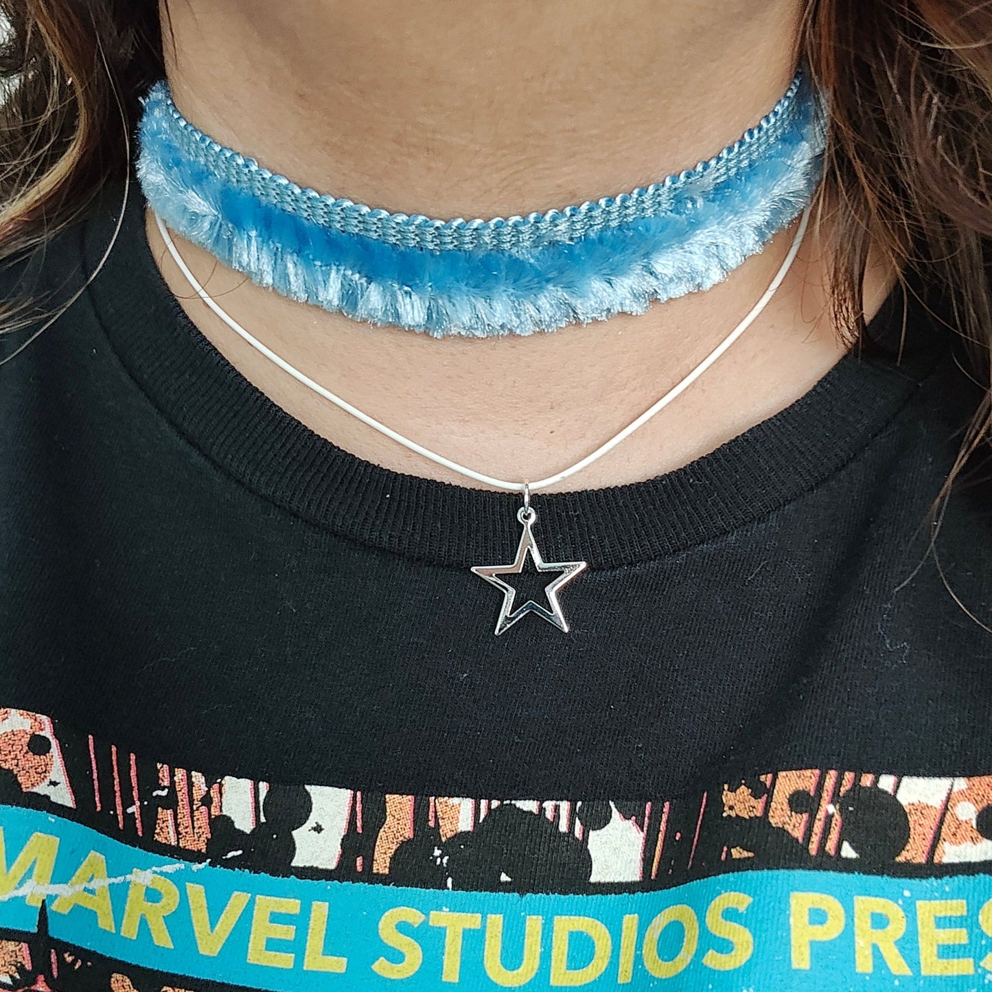 Necklace - Choker blue lace ribbon with one polyester strand and a silver star charm