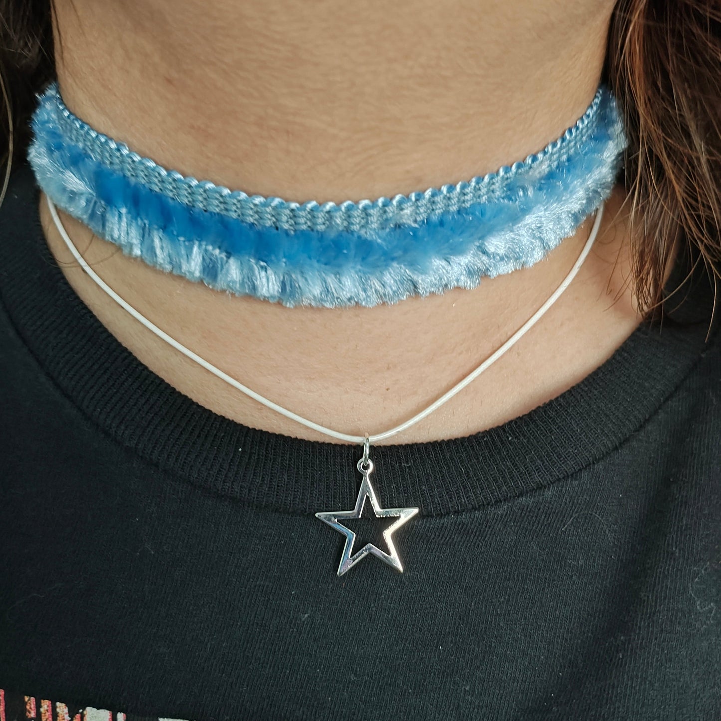 Necklace - Choker blue lace ribbon with one polyester strand and a silver star charm