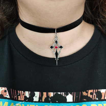 Necklace - Choker black velvet ribbon with  a Gothic silver cross charm