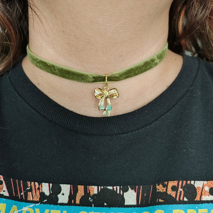 Necklace - Choker olive green velvet ribbon with  a gold bow charm