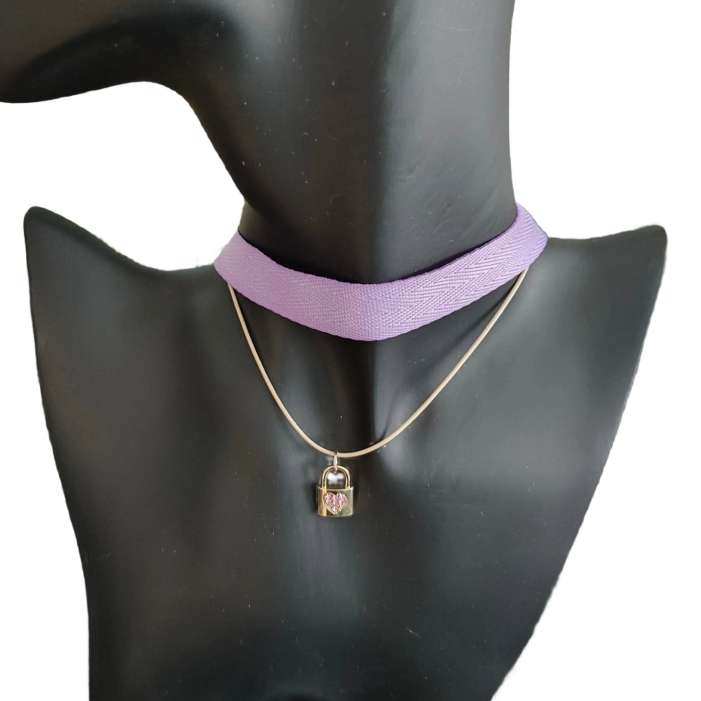 Necklace - Choker purple ribbon with one polyester strand and one gold with rhinestone lock charm