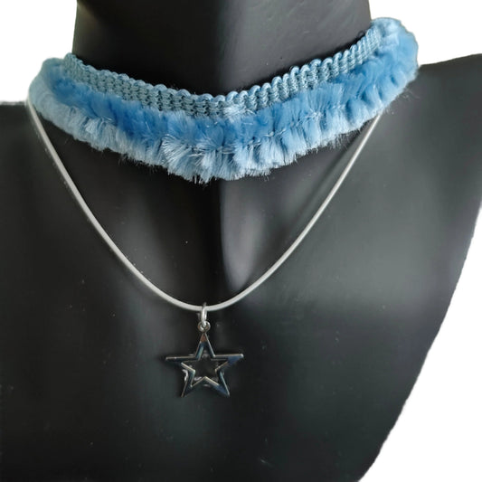 Necklace - Choker blue lace ribbon with one polyester strand and a silver star charm