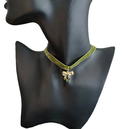 Necklace - Choker olive green velvet ribbon with  a gold bow charm