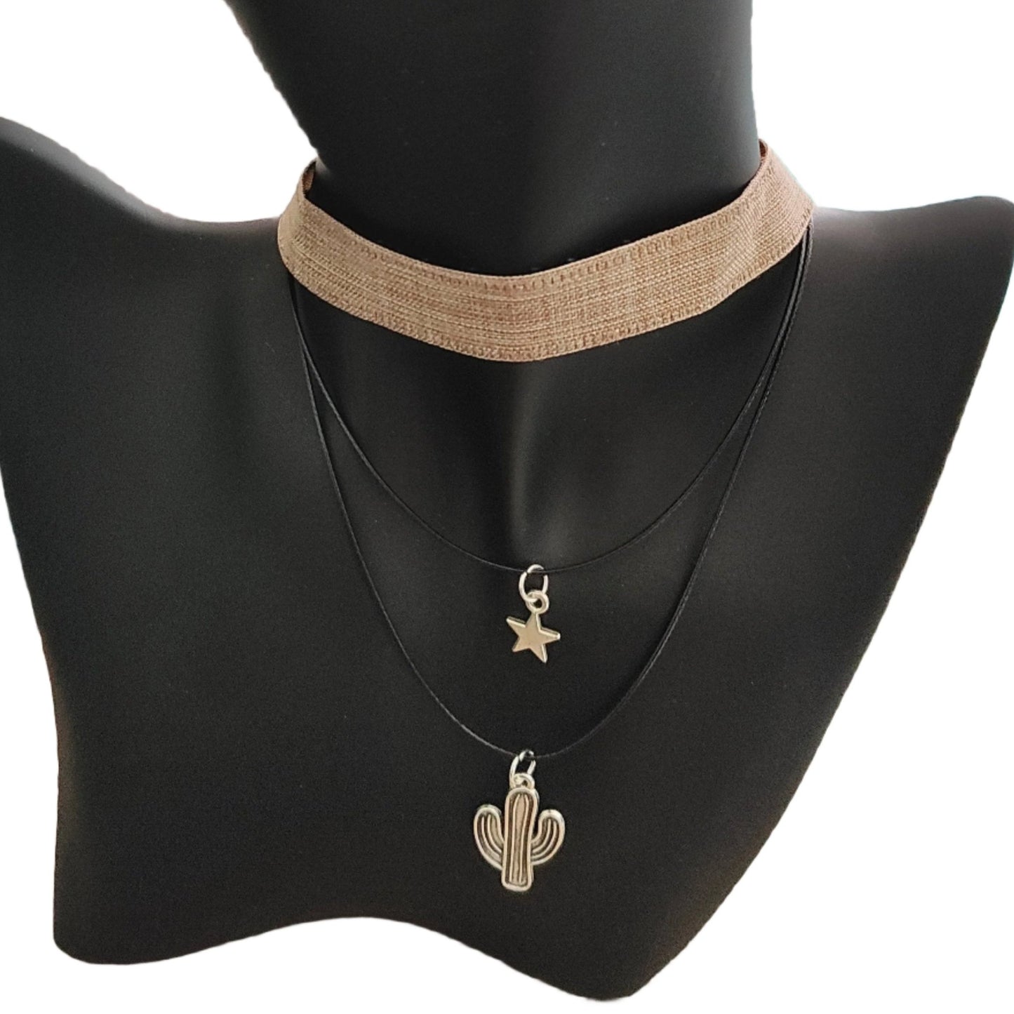 Necklace - Choker brown ribbon with two polyester strands and a silver star and cactus charms