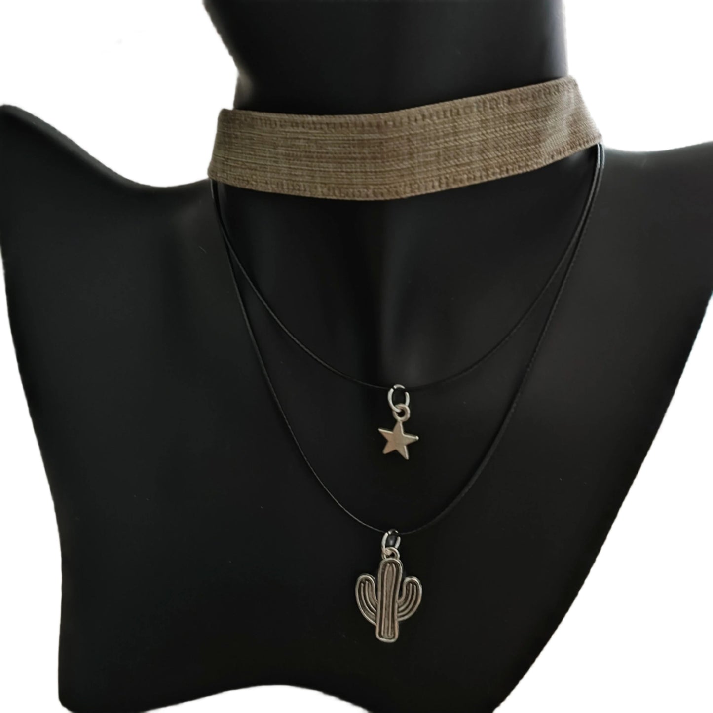 Necklace - Choker brown ribbon with two polyester strands and a silver star and cactus charms