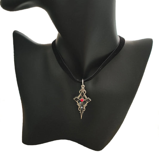 Necklace - Choker black velvet ribbon with  a Gothic silver cross charm