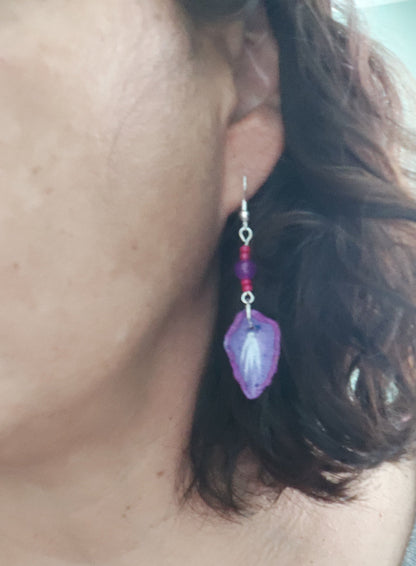Earrings - Ceramic leaf with beads on silver hook
