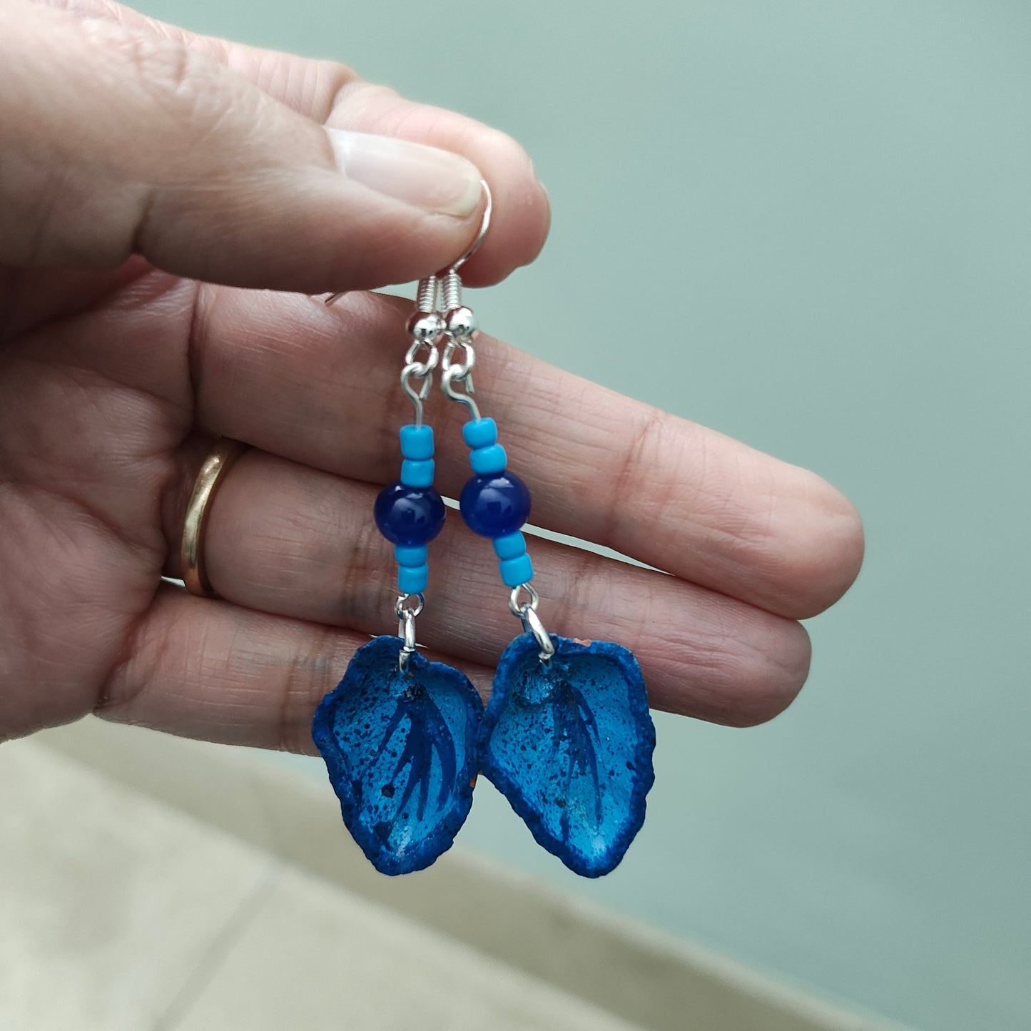 Earrings - Ceramic leaf with beads on silver hook