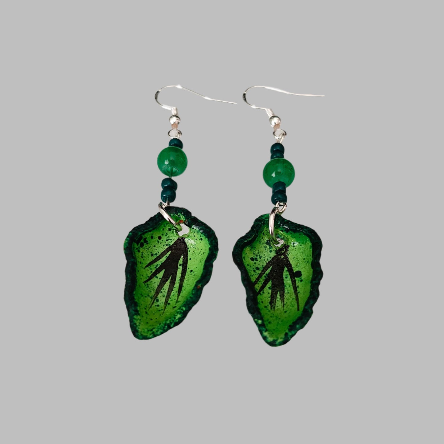 Earrings - Ceramic leaf with beads on silver hook