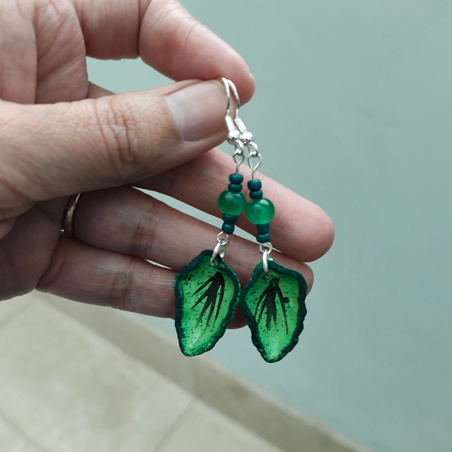 Earrings - Ceramic leaf with beads on silver hook
