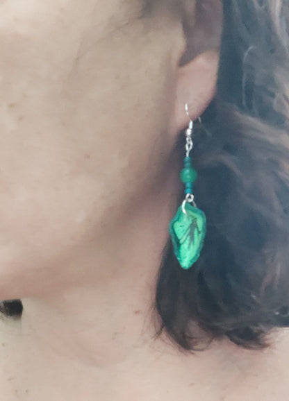 Earrings - Ceramic leaf with beads on silver hook