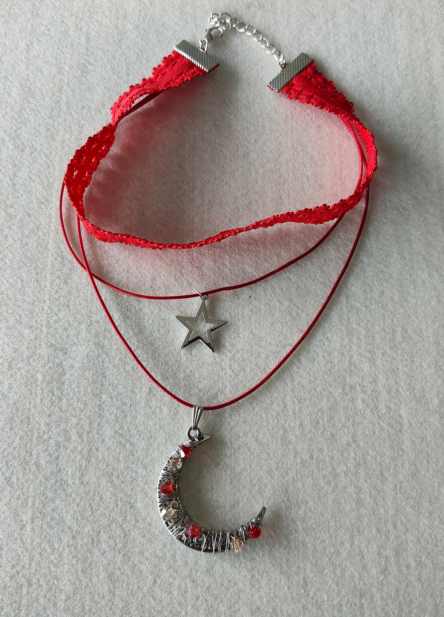 Necklace - Choker colored elastic lace ribbon with two polyester strands and a moon and star silver charm
