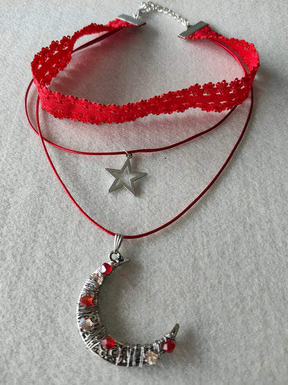Necklace - Choker colored elastic lace ribbon with two polyester strands and a moon and star silver charm