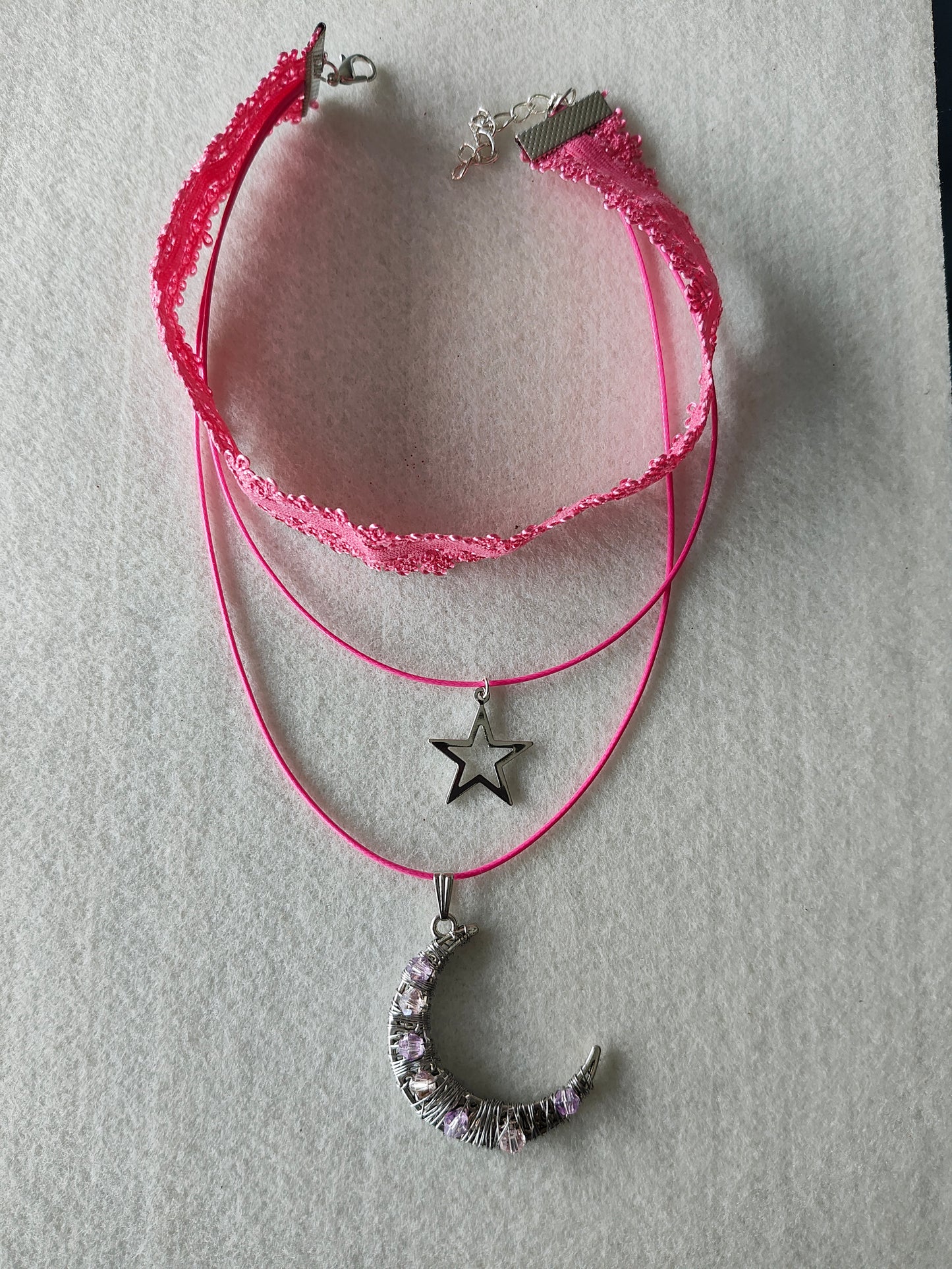 Necklace - Choker colored elastic lace ribbon with two polyester strands and a moon and star silver charm