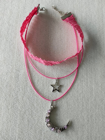 Necklace - Choker colored elastic lace ribbon with two polyester strands and a moon and star silver charm