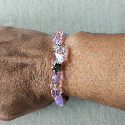 Bracelet - Elastic Crystal butterfly bead with pink and purple beads and flower metal spacer beads