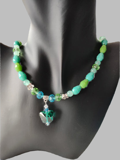 Necklace - 19.5 inches with crystal butterfly and glass beads and metal flower beads