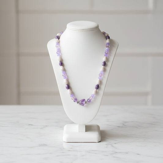 Necklace - 19.5 inches with crystal butterfly and glass beads and metal flower beads