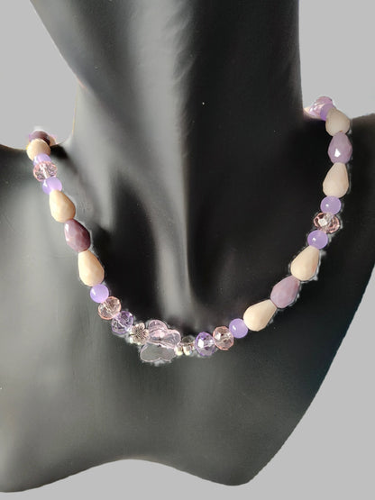 Necklace - 19.5 inches with crystal butterfly and glass beads and metal flower beads
