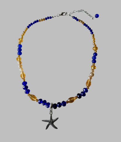 Necklace - Silver starfish charm with blue and gold crystal and glass beads